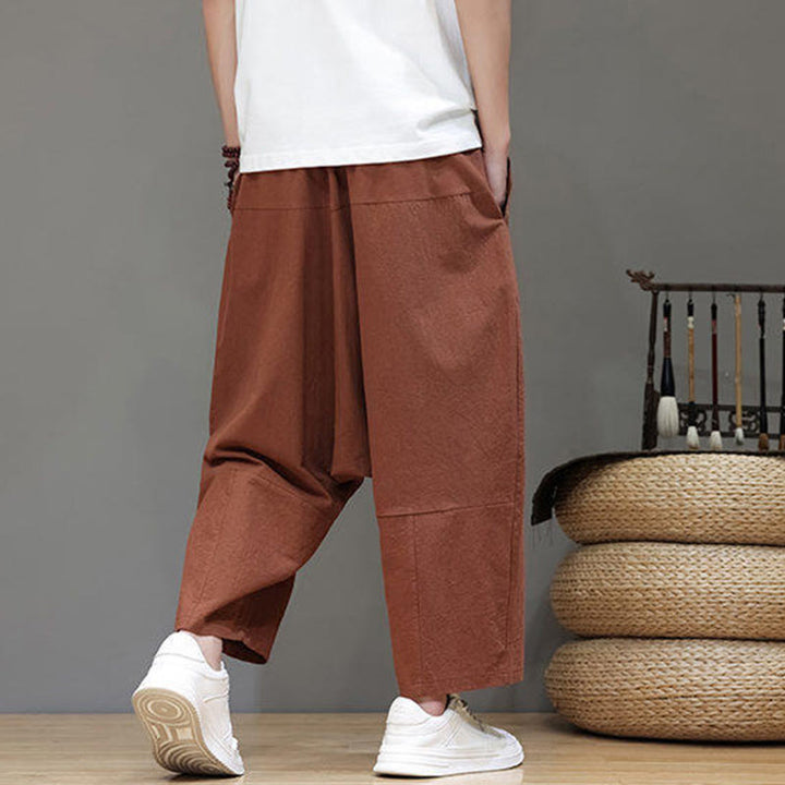 Pantalon Buddha Stones uni à entrejambe bas avec cordon de serrage et taille élastique en coton pour homme, jambes larges et poches