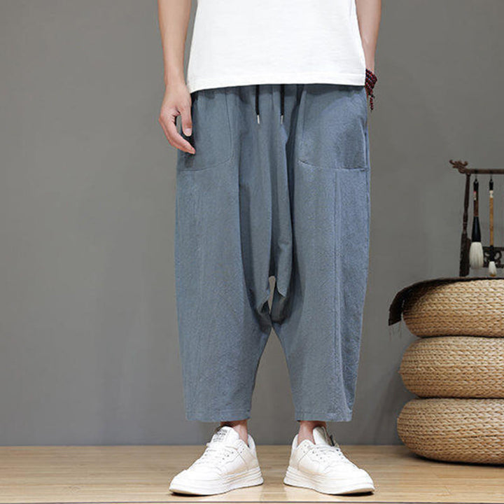 Pantalon Buddha Stones uni à entrejambe bas avec cordon de serrage et taille élastique en coton pour homme, jambes larges et poches