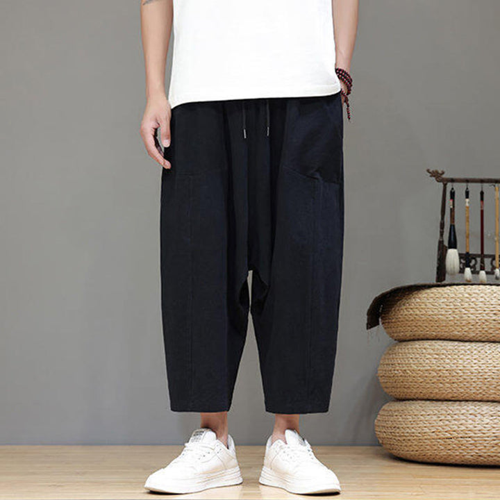 Pantalon Buddha Stones uni à entrejambe bas avec cordon de serrage et taille élastique en coton pour homme, jambes larges et poches - Noir - US/UK/AU46，EU56 (5XL) - image 14