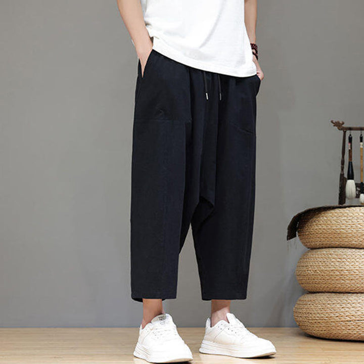 Pantalon Buddha Stones uni à entrejambe bas avec cordon de serrage et taille élastique en coton pour homme, jambes larges et poches - image 16