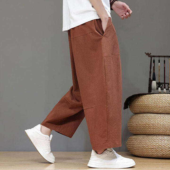 Pantalon Buddha Stones uni à entrejambe bas avec cordon de serrage et taille élastique en coton pour homme, jambes larges et poches