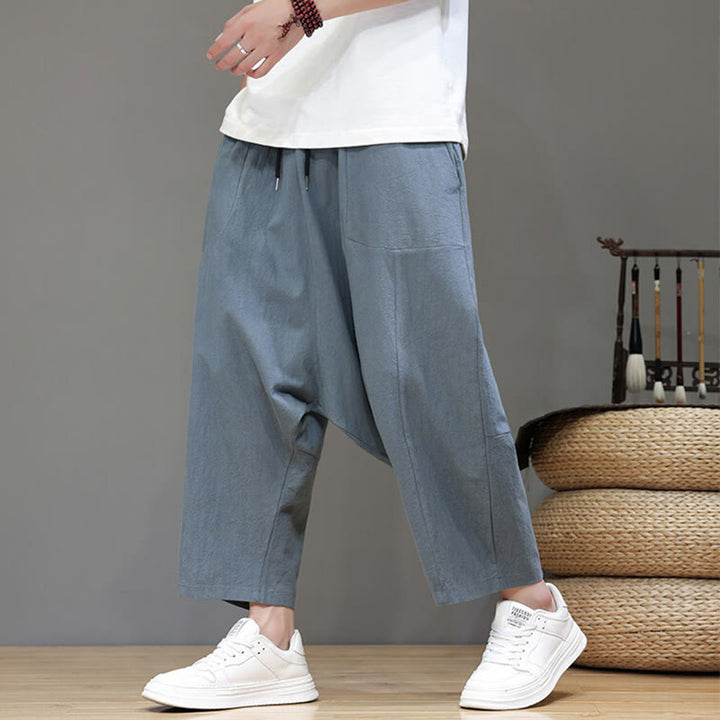 Pantalon Buddha Stones uni à entrejambe bas avec cordon de serrage et taille élastique en coton pour homme, jambes larges et poches