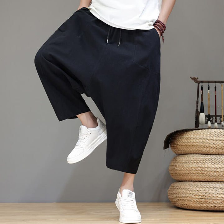 Pantalon Buddha Stones uni à entrejambe bas avec cordon de serrage et taille élastique en coton pour homme, jambes larges et poches - image 20