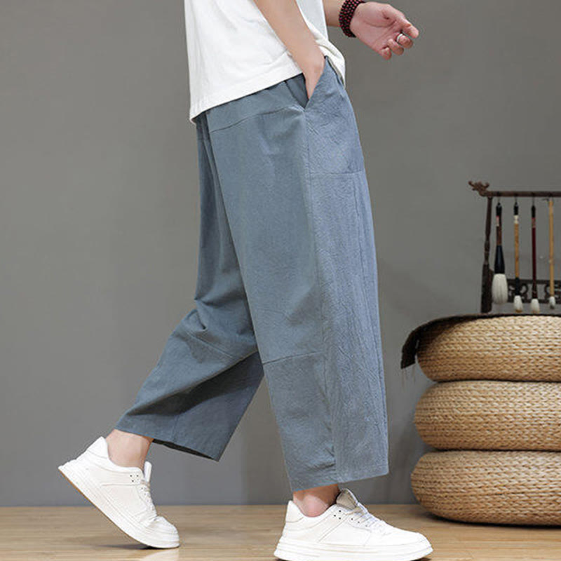 Pantalon Buddha Stones uni à entrejambe bas avec cordon de serrage et taille élastique en coton pour homme, jambes larges et poches - image 7