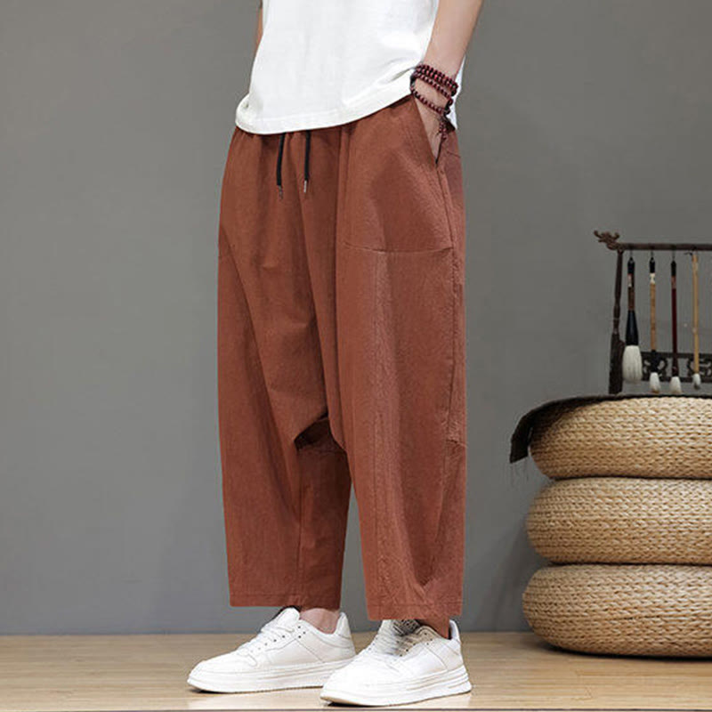 Pantalon Buddha Stones uni à entrejambe bas avec cordon de serrage et taille élastique en coton pour homme, jambes larges et poches