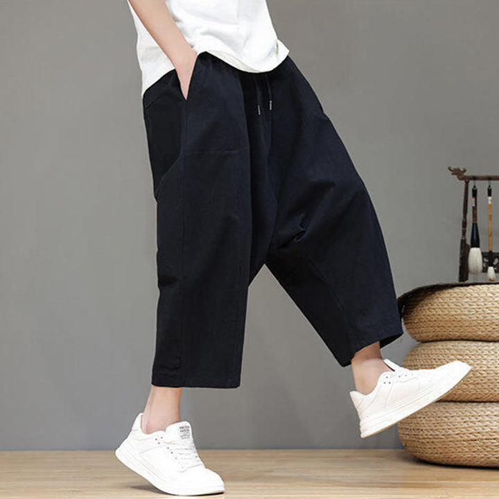 Pantalon Buddha Stones uni à entrejambe bas avec cordon de serrage et taille élastique en coton pour homme, jambes larges et poches