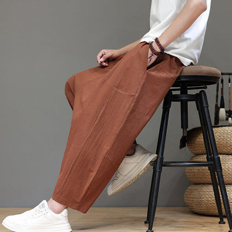 Pantalon Buddha Stones uni à entrejambe bas avec cordon de serrage et taille élastique en coton pour homme, jambes larges et poches