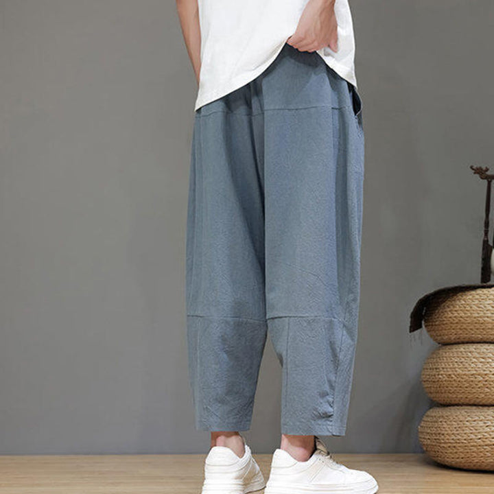 Pantalon Buddha Stones uni à entrejambe bas avec cordon de serrage et taille élastique en coton pour homme, jambes larges et poches - image 2