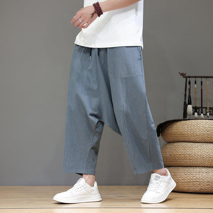 Pantalon Buddha Stones uni à entrejambe bas avec cordon de serrage et taille élastique en coton pour homme, jambes larges et poches