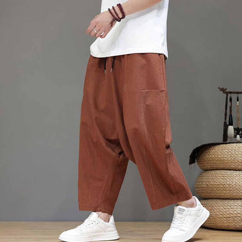 Pantalon Buddha Stones uni à entrejambe bas avec cordon de serrage et taille élastique en coton pour homme, jambes larges et poches