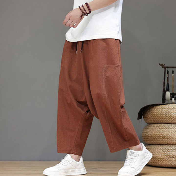 Pantalon Buddha Stones uni à entrejambe bas avec cordon de serrage et taille élastique en coton pour homme, jambes larges et poches