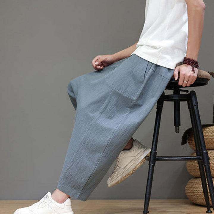 Pantalon Buddha Stones uni à entrejambe bas avec cordon de serrage et taille élastique en coton pour homme, jambes larges et poches - image 9