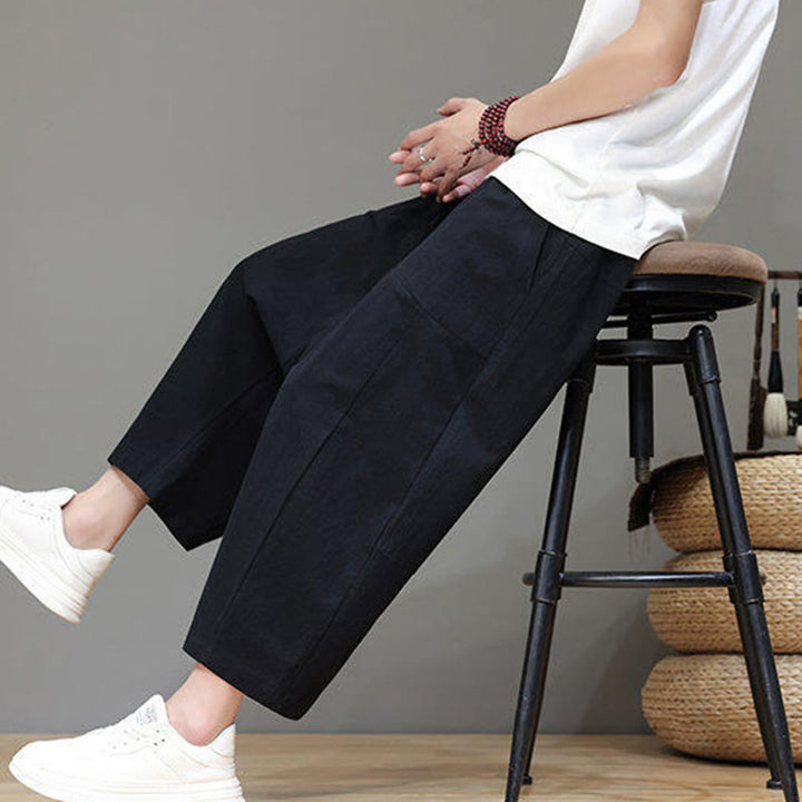 Pantalon Buddha Stones uni à entrejambe bas avec cordon de serrage et taille élastique en coton pour homme, jambes larges et poches