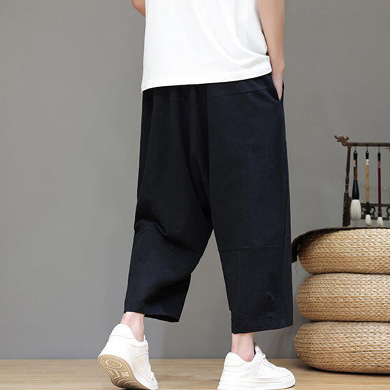 Pantalon Buddha Stones uni à entrejambe bas avec cordon de serrage et taille élastique en coton pour homme, jambes larges et poches - image 17