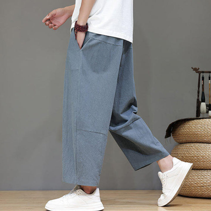 Pantalon Buddha Stones uni à entrejambe bas avec cordon de serrage et taille élastique en coton pour homme, jambes larges et poches