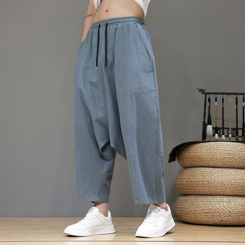 Pantalon Buddha Stones uni à entrejambe bas avec cordon de serrage et taille élastique en coton pour homme, jambes larges et poches