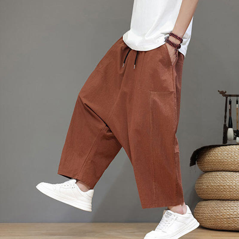 Pantalon Buddha Stones uni à entrejambe bas avec cordon de serrage et taille élastique en coton pour homme, jambes larges et poches - image 26
