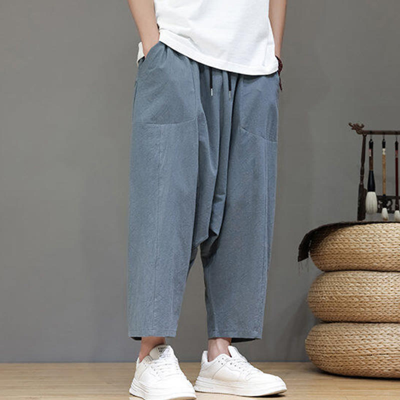 Pantalon Buddha Stones uni à entrejambe bas avec cordon de serrage et taille élastique en coton pour homme, jambes larges et poches - image 1