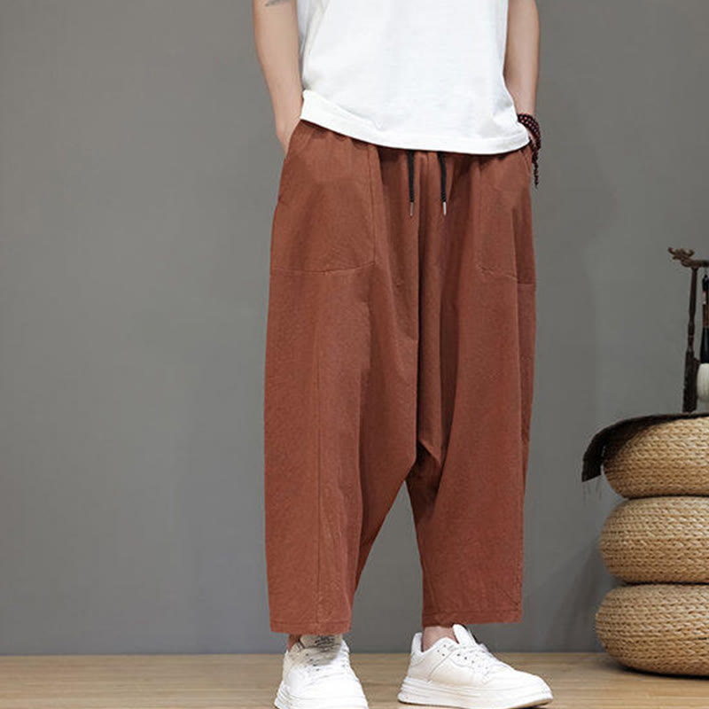 Pantalon Buddha Stones uni à entrejambe bas avec cordon de serrage et taille élastique en coton pour homme, jambes larges et poches - image 24