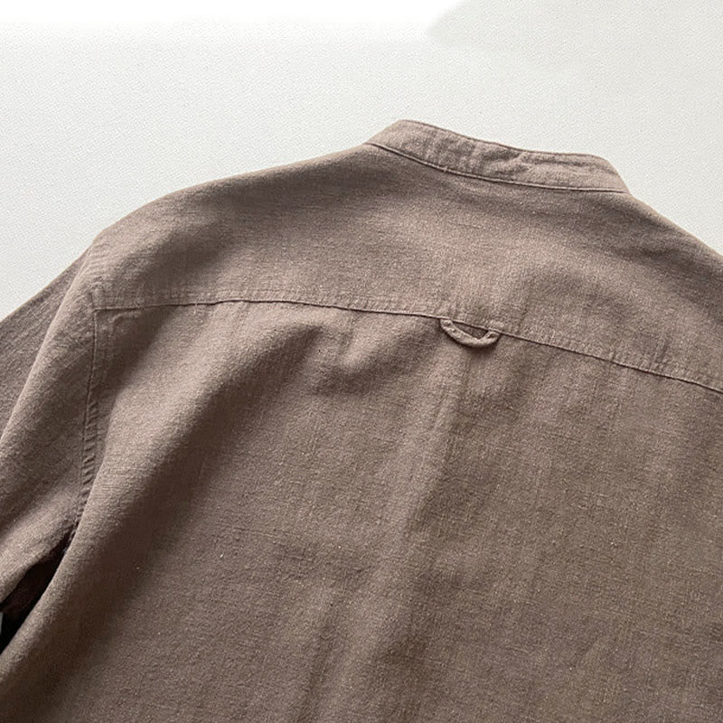 Chemise décontractée en lin et coton pour homme avec poches et motif Buddha Stones