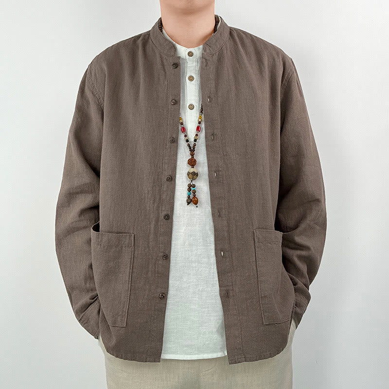 Chemise décontractée en lin et coton pour homme avec poches et motif Buddha Stones