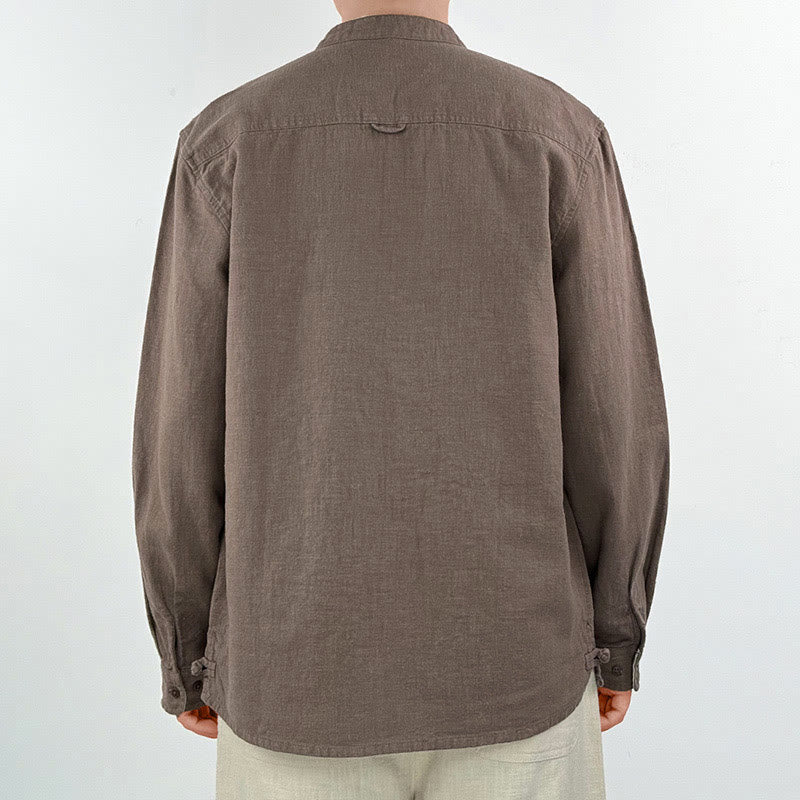 Chemise décontractée en lin et coton pour homme avec poches et motif Buddha Stones
