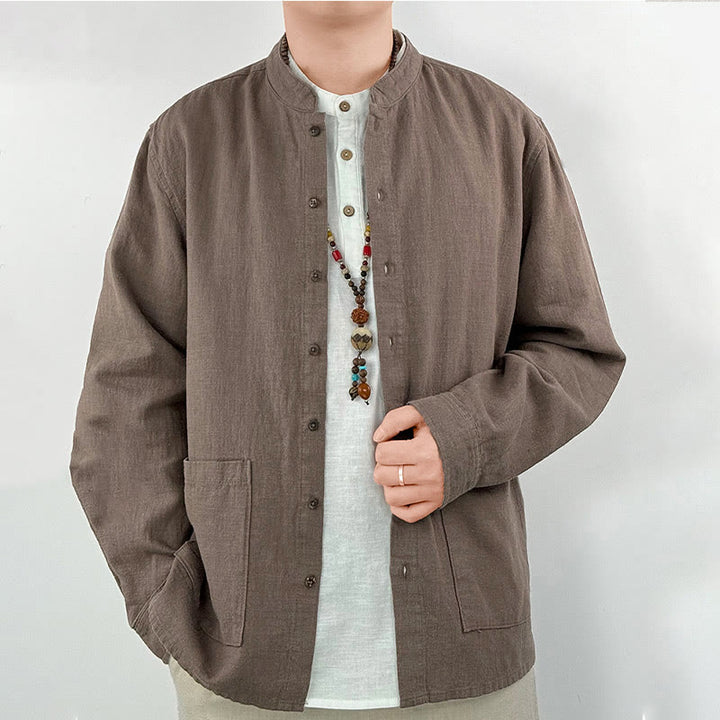 Chemise décontractée en lin et coton pour homme avec poches et motif Buddha Stones