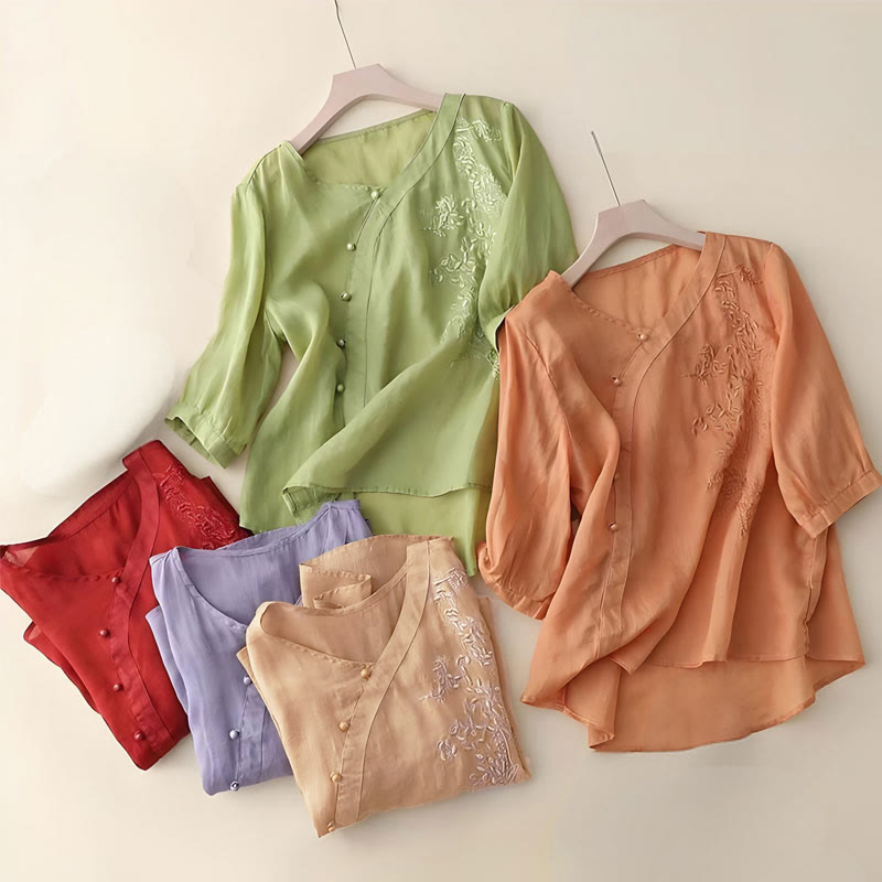 Chemise décontractée ample à manches courtes et boutons grenouille brodés de fleurs Buddha Stones pour femme - image 11