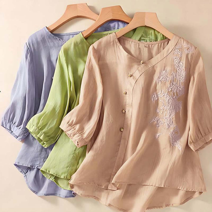 Chemise décontractée ample à manches courtes et boutons grenouille brodés de fleurs Buddha Stones pour femme - image 8