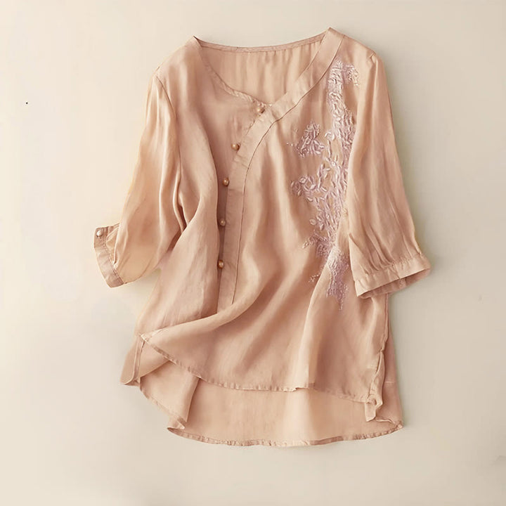 Chemise décontractée ample à manches courtes et boutons grenouille brodés de fleurs Buddha Stones pour femme - Verge d'or - US14，UK/AU18，EU46 (4XL) - image 6