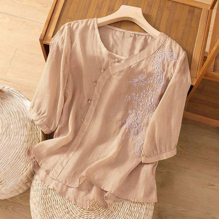 Chemise décontractée ample à manches courtes et boutons grenouille brodés de fleurs Buddha Stones pour femme - image 7