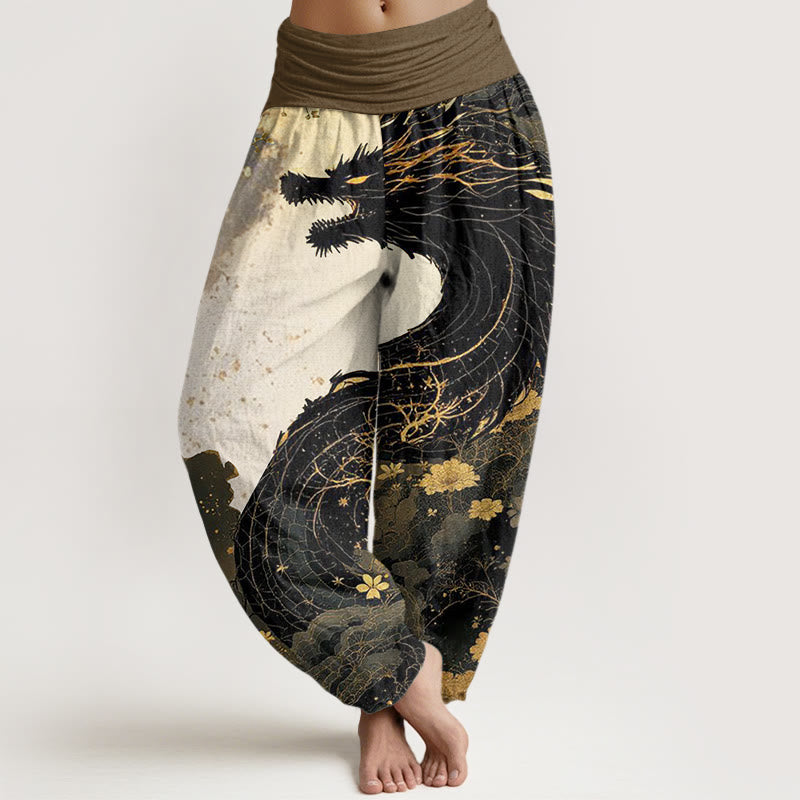 Pantalon harem femme en coton décontracté à motif de Buddha Stones, dragon et arbre ancien, taille élastique - Noir - US22，UK/AU26，EU54 (6XL) - image 0