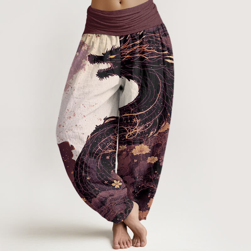 Pantalon harem femme en coton décontracté à motif de Buddha Stones, dragon et arbre ancien, taille élastique - RosyBrown - US22，UK/AU26，EU54 (6XL) - image 4