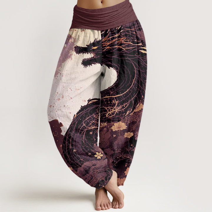 Pantalon harem femme en coton décontracté à motif de Buddha Stones, dragon et arbre ancien, taille élastique - RosyBrown - US22，UK/AU26，EU54 (6XL) - image 4