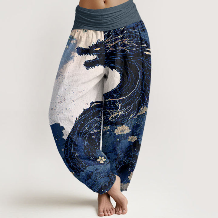 Pantalon harem femme en coton décontracté à motif de Buddha Stones, dragon et arbre ancien, taille élastique - SteelBlue - US22，UK/AU26，EU54 (6XL) - image 7