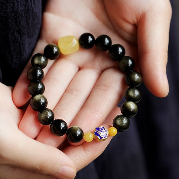 Bracelet de protection de richesse en obsidienne et ambre en argent sterling 925 avec Buddha Stones et zodiaque chinois