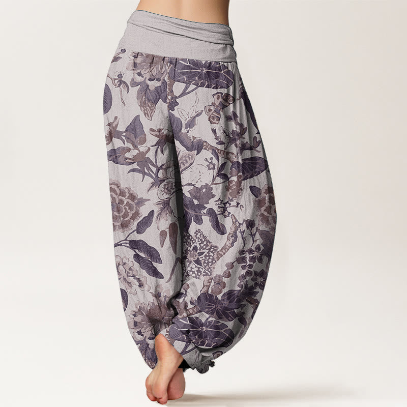Pantalon Buddha Stones taille élastique pour femme en pur coton avec motif feuilles de lotus et pivoines - image 8