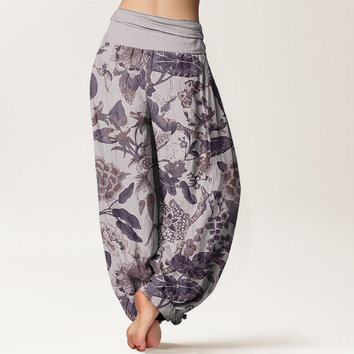 Pantalon Buddha Stones taille élastique pour femme en pur coton avec motif feuilles de lotus et pivoines - image 8