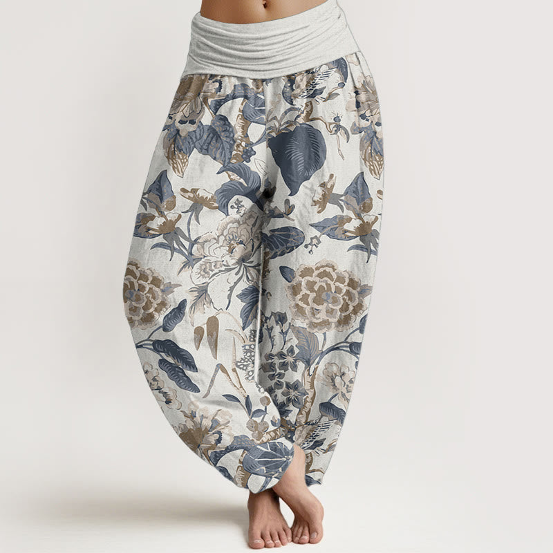Pantalon Buddha Stones taille élastique pour femme en pur coton avec motif feuilles de lotus et pivoines - Ivoire - US22，UK/AU26，EU54 (6XL) - image 0