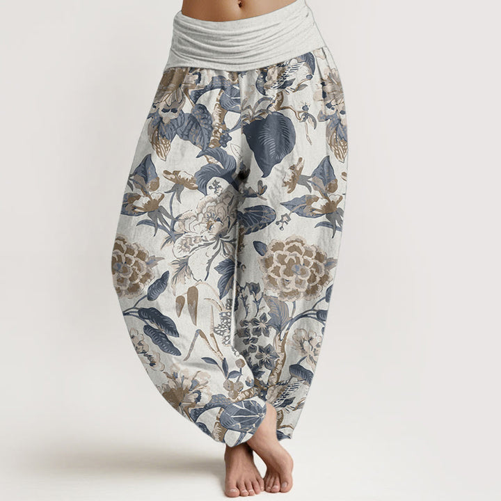 Pantalon Buddha Stones taille élastique pour femme en pur coton avec motif feuilles de lotus et pivoines - Ivoire - US22，UK/AU26，EU54 (6XL) - image 0