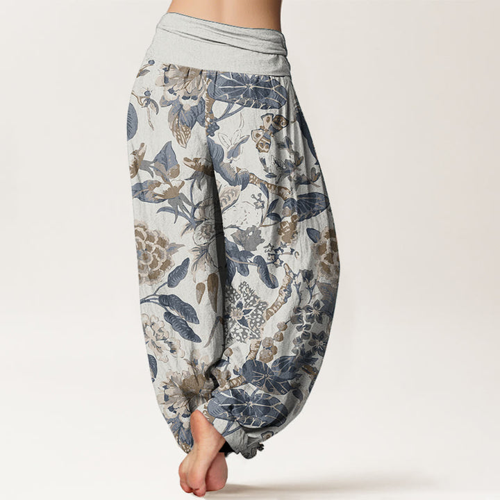 Pantalon Buddha Stones taille élastique pour femme en pur coton avec motif feuilles de lotus et pivoines - image 3