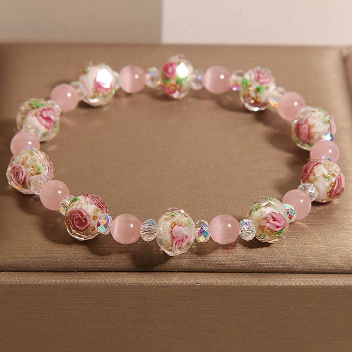 Bracelet de chaleur œil de chat en perles de verre Liuli en cristal rose Buddha Stones - Bracelet œil-de-chat en cristal rose (tour de poignet 14-16 cm) - image 0