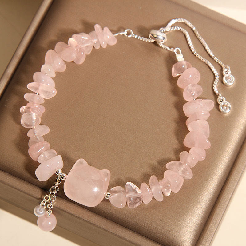 Bracelet apaisant en pierre de gravier et agate rose naturelle en forme de tête de chat - image 2