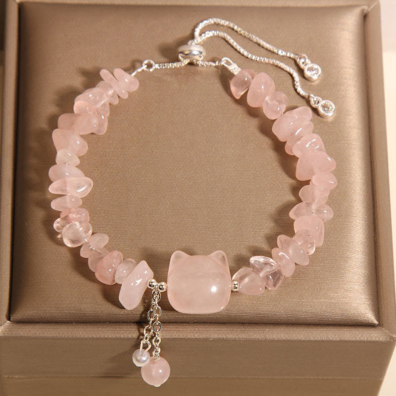 Bracelet apaisant en pierre de gravier et agate rose naturelle en forme de tête de chat - Cristal rose (tour de poignet 14-16 cm) - image 1