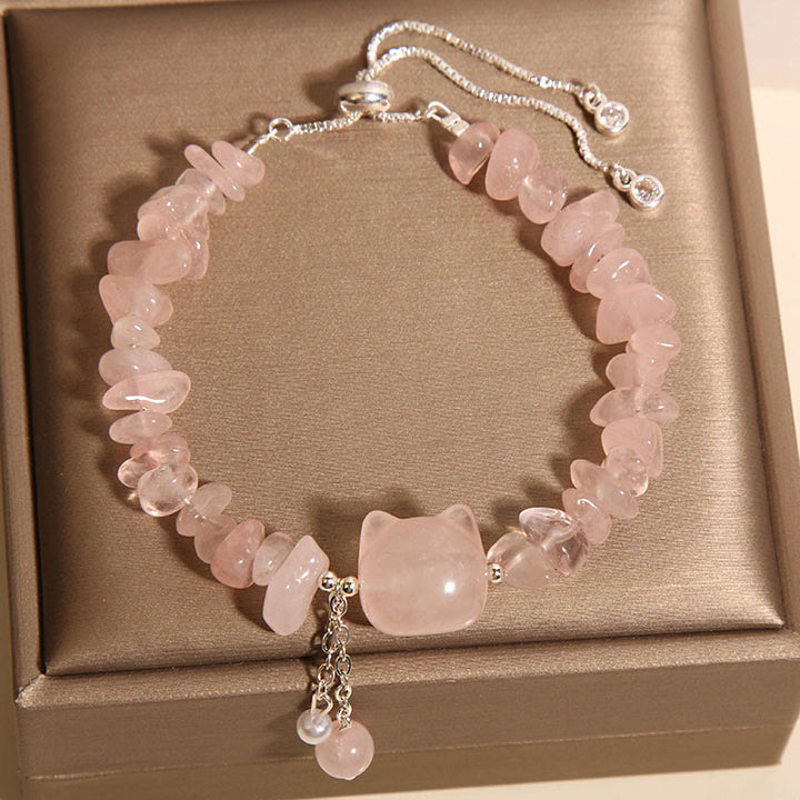 Bracelet apaisant en pierre de gravier et agate rose naturelle en forme de tête de chat - image 4