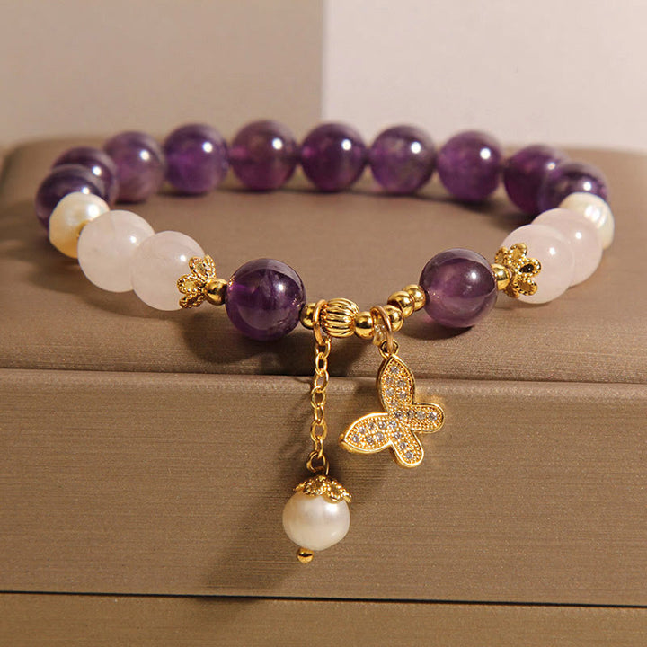 Bracelet à breloques papillon en Buddha Stones , perles d'améthyste naturelles et cristal de guérison spirituelle