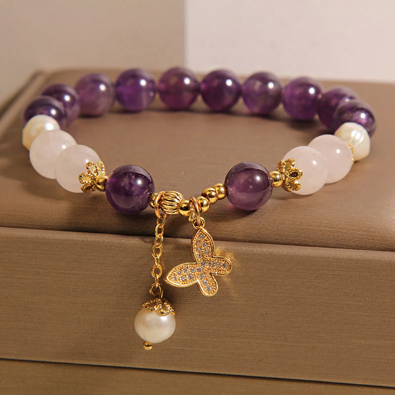 Bracelet à breloques papillon en Buddha Stones , perles d'améthyste naturelles et cristal de guérison spirituelle