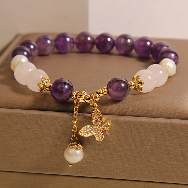 Bracelet à breloques papillon en Buddha Stones , perles d'améthyste naturelles et cristal de guérison spirituelle