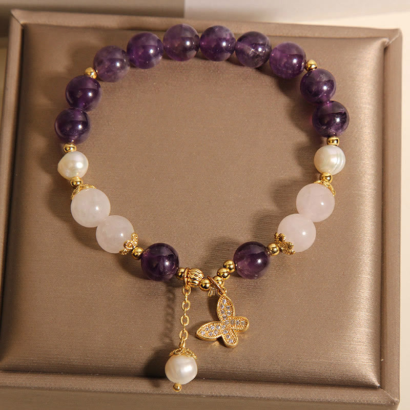 Bracelet à breloques papillon en Buddha Stones , perles d'améthyste naturelles et cristal de guérison spirituelle