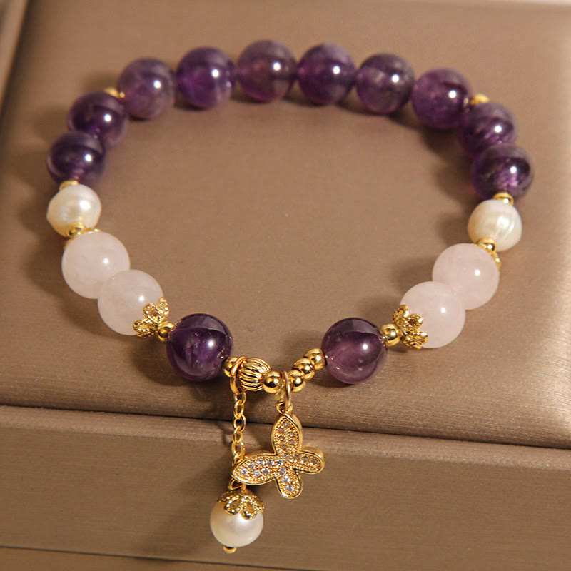 Bracelet à breloques papillon en Buddha Stones , perles d'améthyste naturelles et cristal de guérison spirituelle